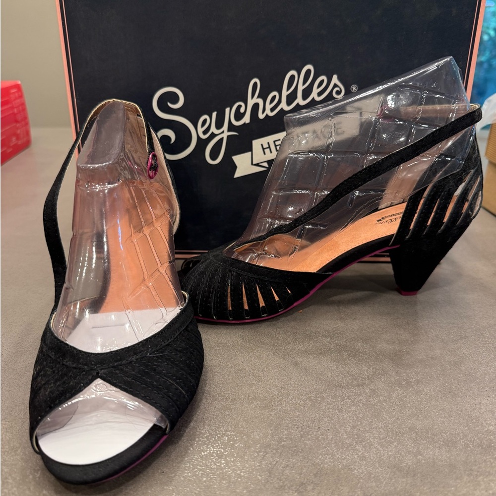 Seychelles Black Suede Peep-Toe Heels Pink Sole and Buckle